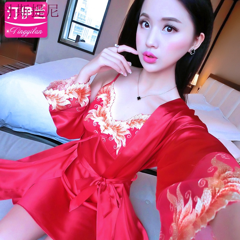 睡衣女秋季长袖睡裙性感带两件套家居服春秋大红色丝绸冰丝蕾丝