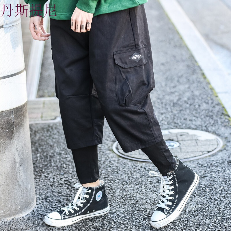 东京衣柜新款纯色工装街头假两件小脚休闲裤男青年潮流黑色长裤男黑色