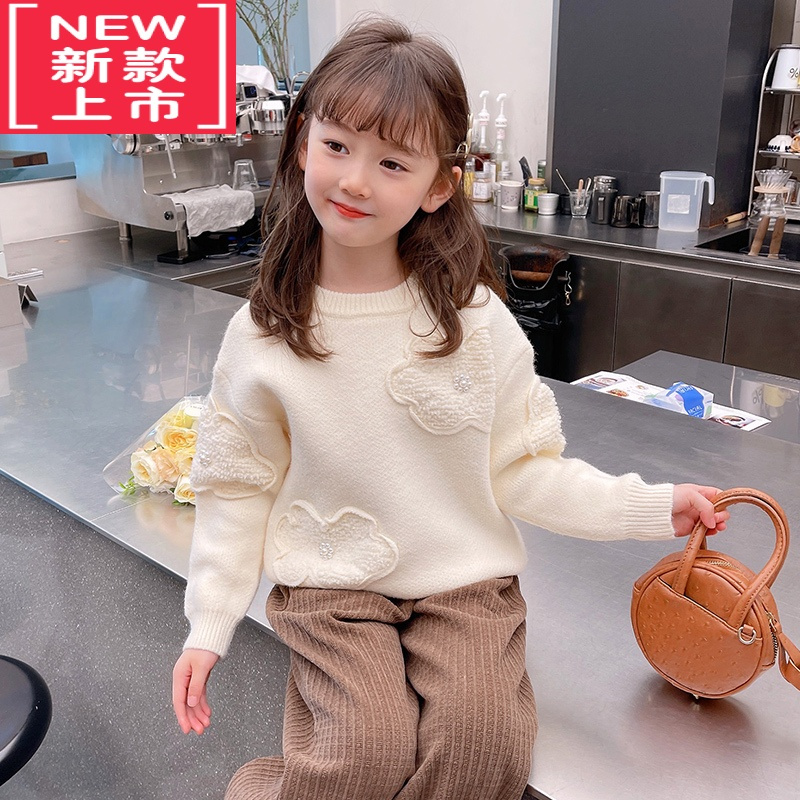 可莉允女童套头毛衣冬装2022新款小女孩花朵洋气韩版秋冬上衣儿童针织衫