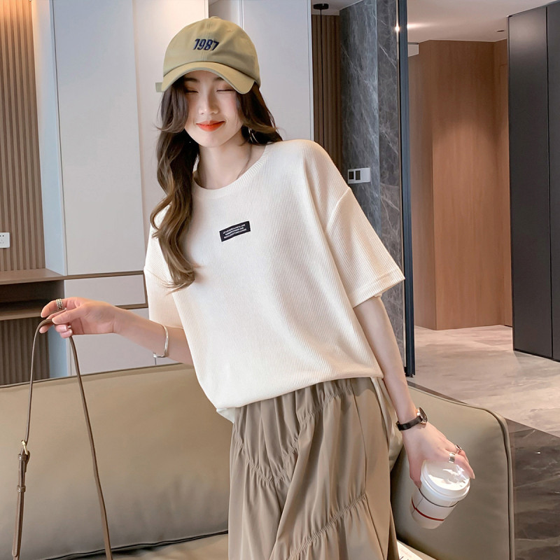 唐狮清凉夏季t恤女新款小众设计感华夫格织标上衣宽松小衫ins