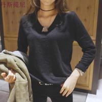 秋季韩版百搭宽松纯色长袖女学生竹节纯棉体恤打底衫内搭上衣
