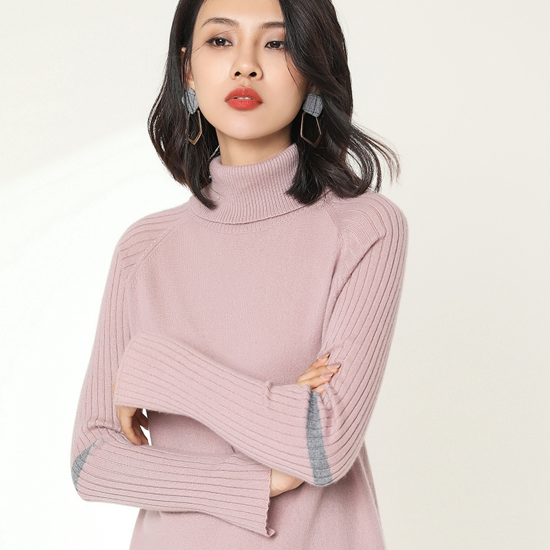 2018秋冬新款女士100%纯山羊绒衫中长款抽条打底衫修身针织衫