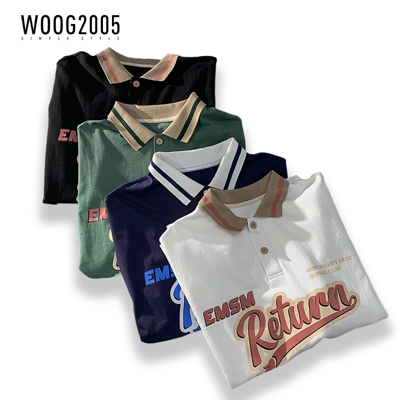WOOG2005撞色翻领polo衫短袖男生夏季潮牌港风潮流宽松百搭t恤衫