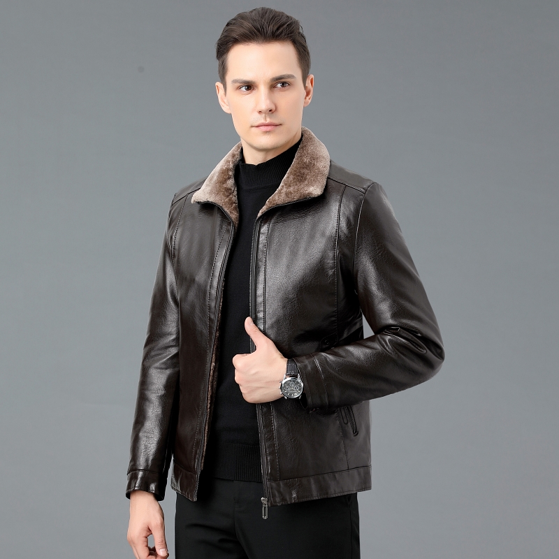 掉皮包换 加绒加厚海宁真皮皮衣男皮毛一体外套羊羔毛皮草男装毛领防寒服大衣中年皮夹克男中年皮夹克男冬装外套爸爸装加厚高清大图