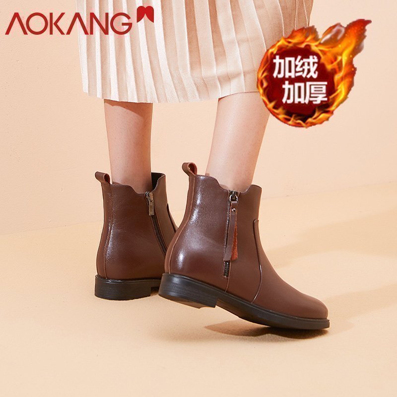 奥康女鞋马丁靴女裸靴英伦复古粗跟女士切尔西加绒短靴女 棕色/加绒款 38码