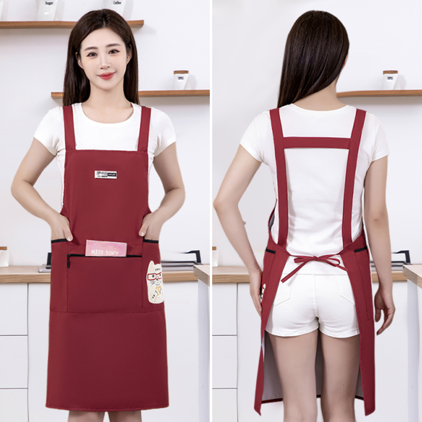 匹牧 时尚简约围裙厨房家用做饭防水防油卡通新款餐饮专用工作服围腰女 卡通刺绣防水防油背带款-绿色 件高清大图