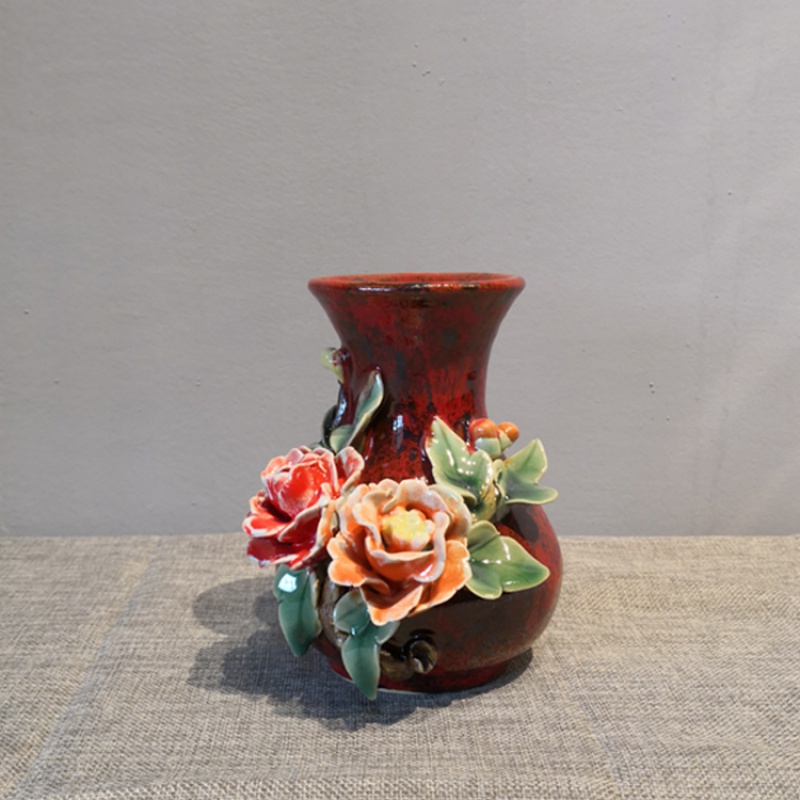 手工陶瓷花瓶水培植物干花客厅家居装饰小摆件石湾公仔 三维工匠 款四(红色小口花)高清大图