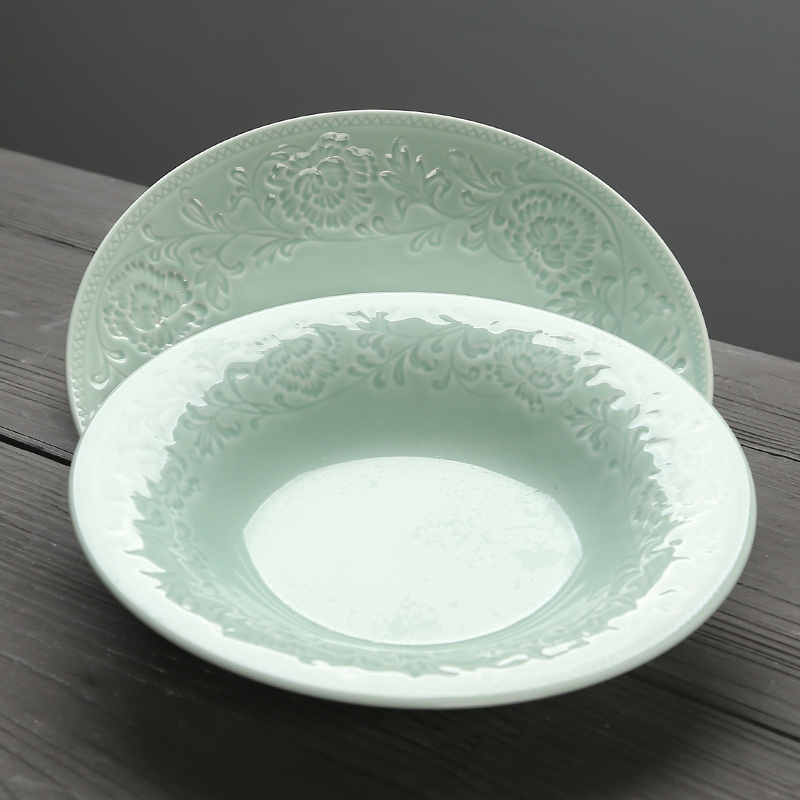 苏氏陶瓷 SUSHI CERAMICS 青瓷釉陶瓷盘花开富贵汤盘子4件套装餐具