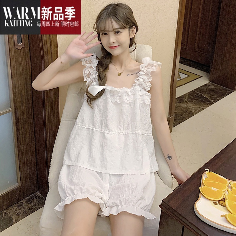 shanchao纯欲风睡衣女夏季薄款网纱休闲可爱背心吊带家居服套装可外穿