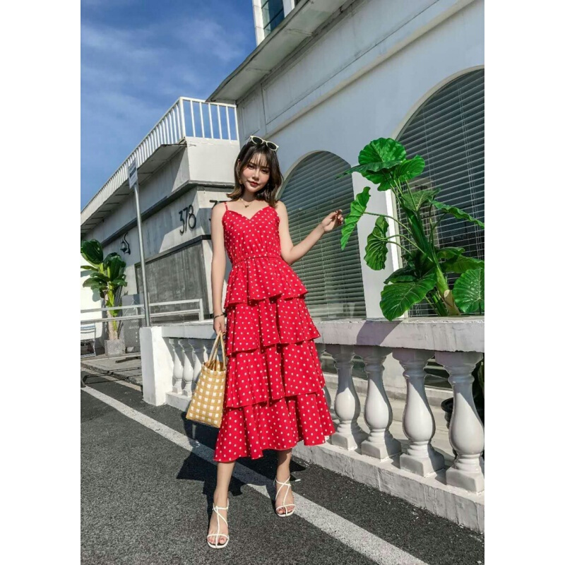 2018夏装新款韩版时尚波点带修身百搭修身中长款显瘦连衣裙白色均码