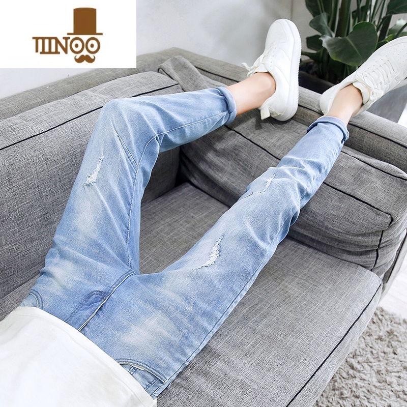 YANXU夏季九分牛仔裤男士韩版修身小脚裤潮牌款男款夏天破洞男裤子 K1-蓝色 33