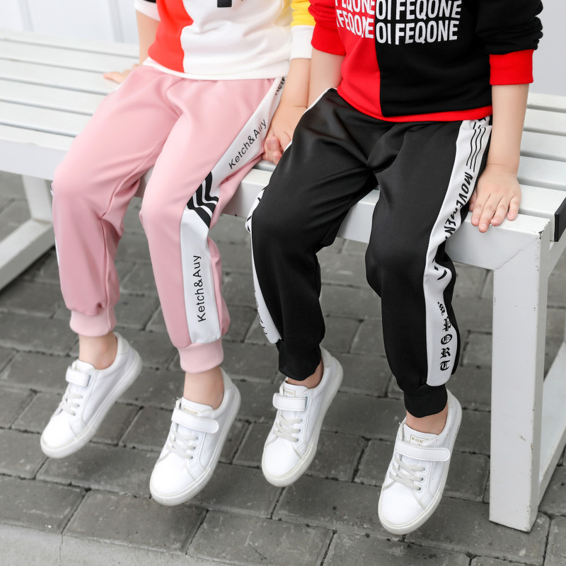 2019新款中小童韩版休闲裤卡通潮范儿童裤子男女童春秋侧条纹裤子