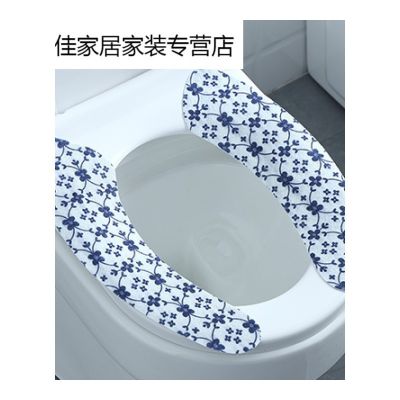 家用防水自粘马桶垫座便套粘贴式毛绒坐垫厕所坐便器垫子贴马桶套 藏青小花