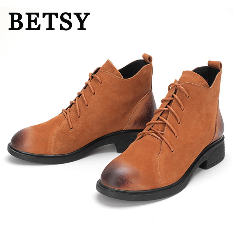 BETSY 磨砂牛皮拼接短靴女鞋高跟系带圆头中跟粗跟靴子马丁靴踝靴欧美复古英伦2018秋冬真皮女靴