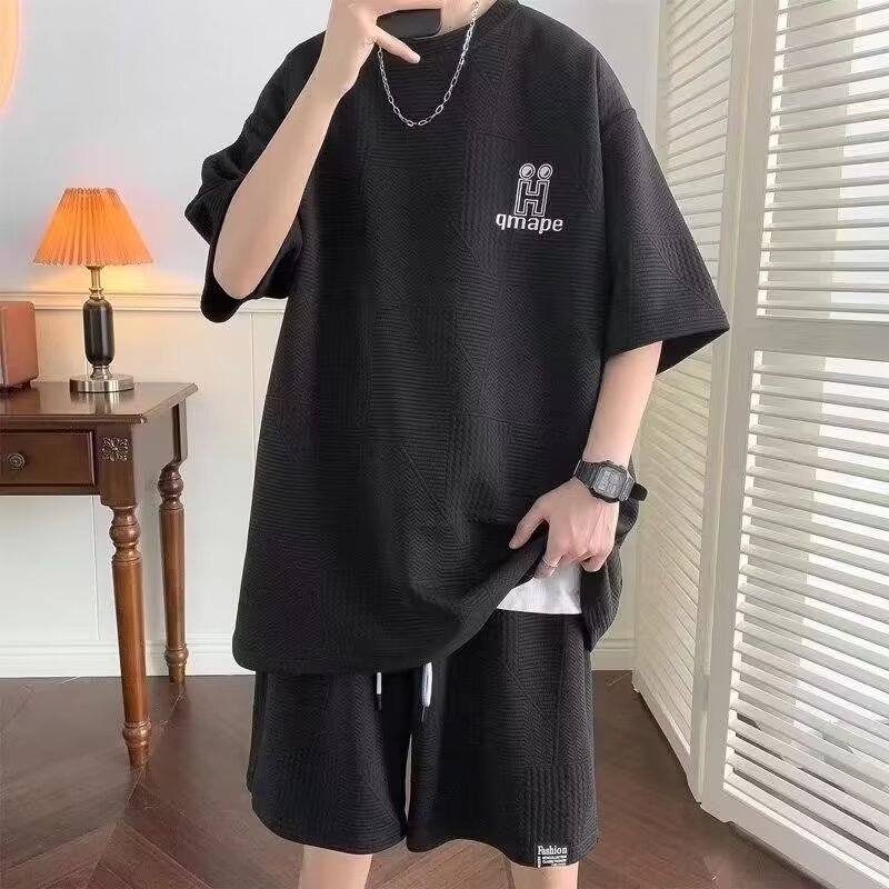 华夫格男士T恤夏季宽松大码青少年短袖短裤休闲运动套装