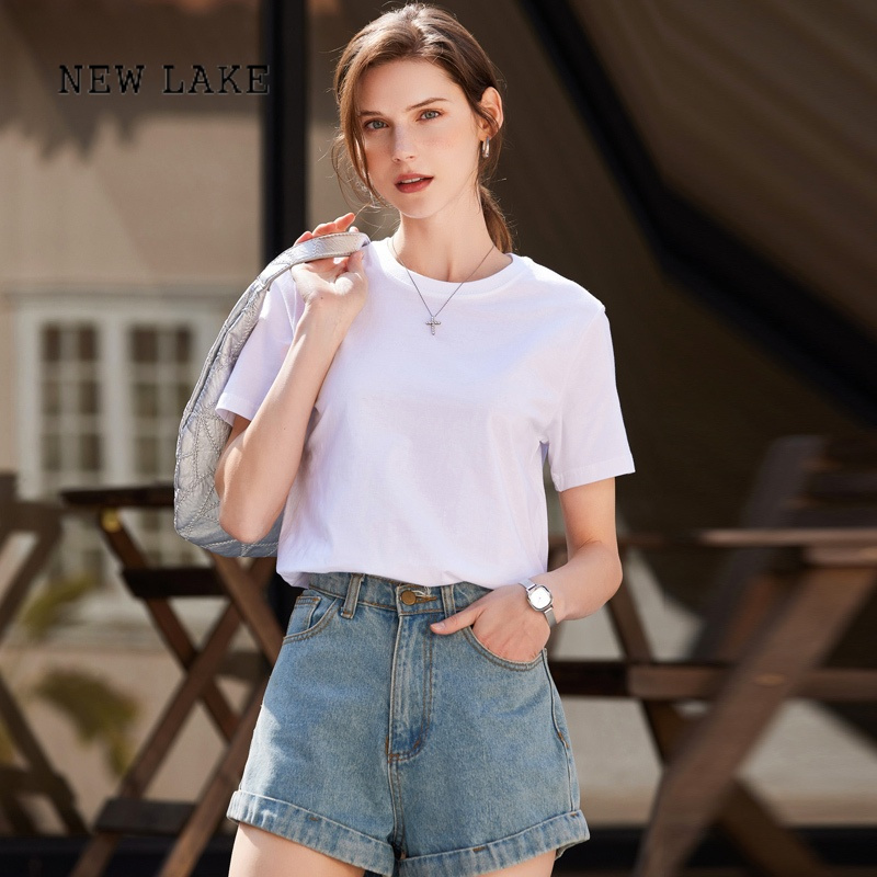 newlake纯棉白色t恤女短袖夏季2024新款宽松显瘦体恤纯色内搭上衣打底