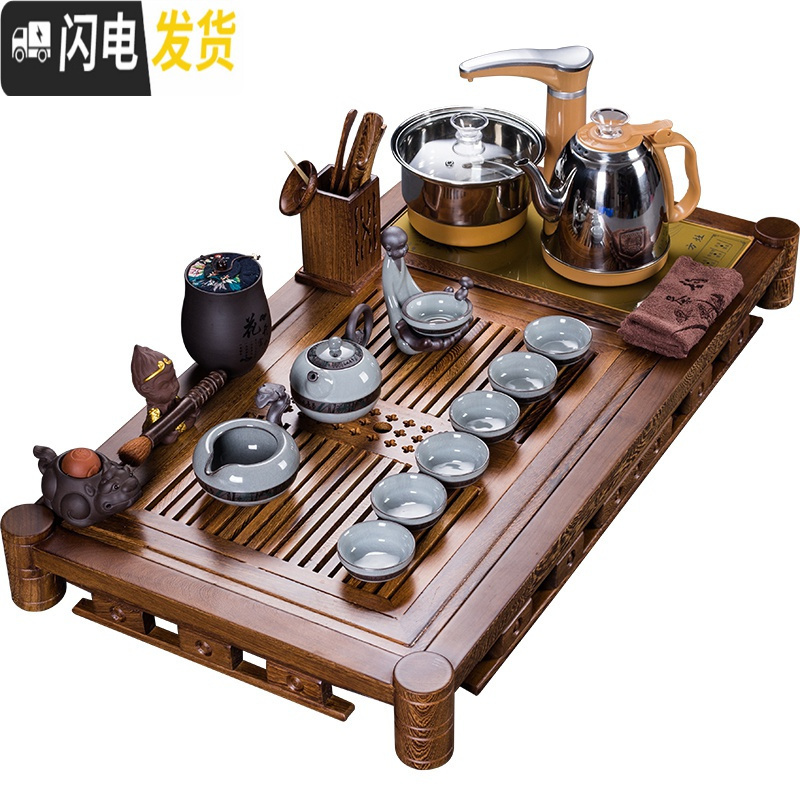 三维工匠鸡翅木整块实木茶盘办公室一体茶台简约会客功夫茶具套装家用 锦上添花(91*50CM)+玻璃茶具 27件