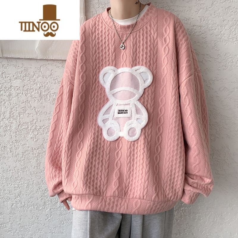 YANXU白色圆领卫衣男士小熊印花时尚长袖T恤宽松男款潮TT款X高清大图