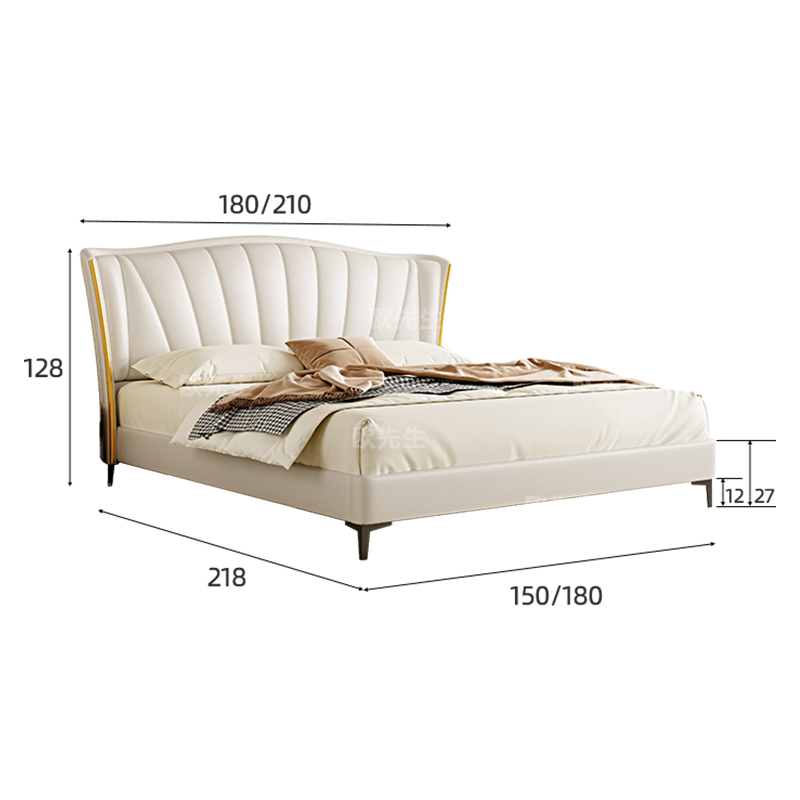 头层牛皮床主卧次卧双人大床实木真皮极简婚床 1.5*2.0米【9D静音钢木床板】 环保椰棕床垫-【偏硬睡感】