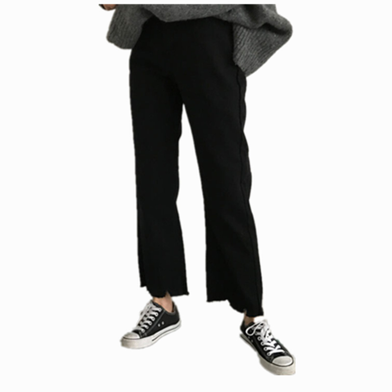 韩版春装显瘦不规则高腰宽松直筒撕边阔腿裤牛仔裤女九分裤潮黑色