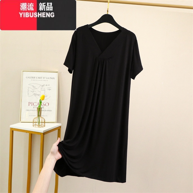YIBUSHENG纯色V领连衣裙女莫代尔显瘦薄款A字裙中长款胖mm过膝短袖休闲裙