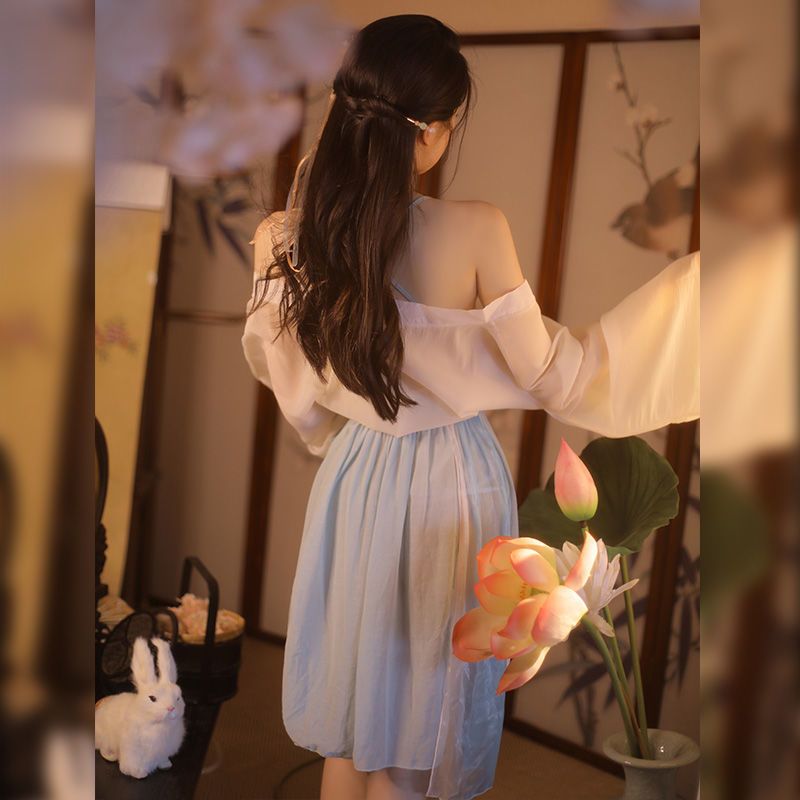 米白 蓝色【情趣套装】 霏慕古风小家碧玉套装情趣内衣肚兜夫妻用品床