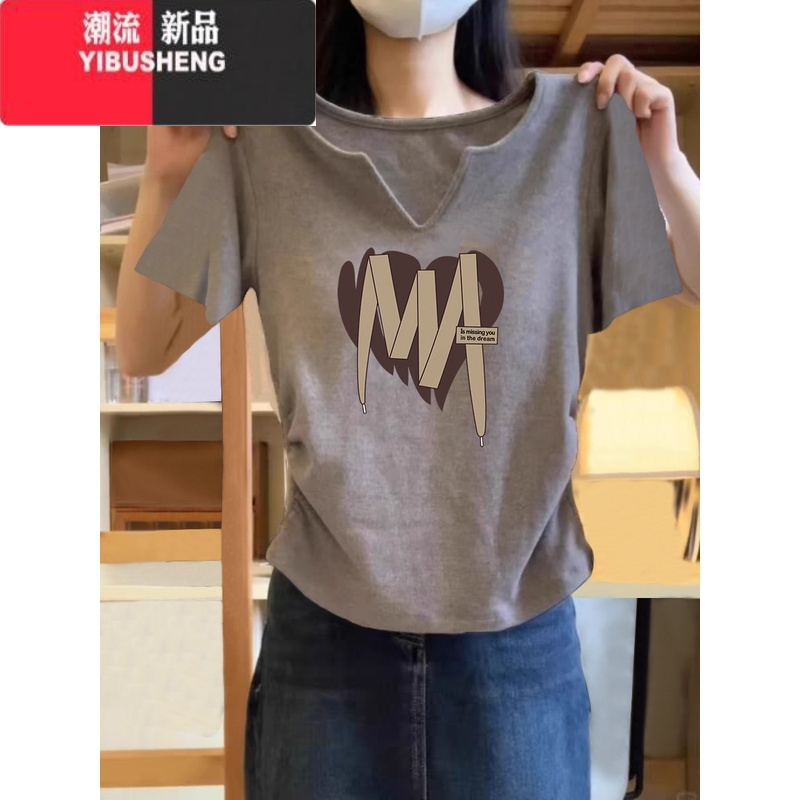 YIBUSHENG正肩独特v领短袖t恤女季设计感韩系掐腰褶皱减龄百搭上衣潮高清大图