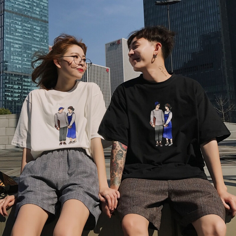 情侣装夏装2018新款女学生气质短袖t恤套装班服沙滩短裤两件套qlz