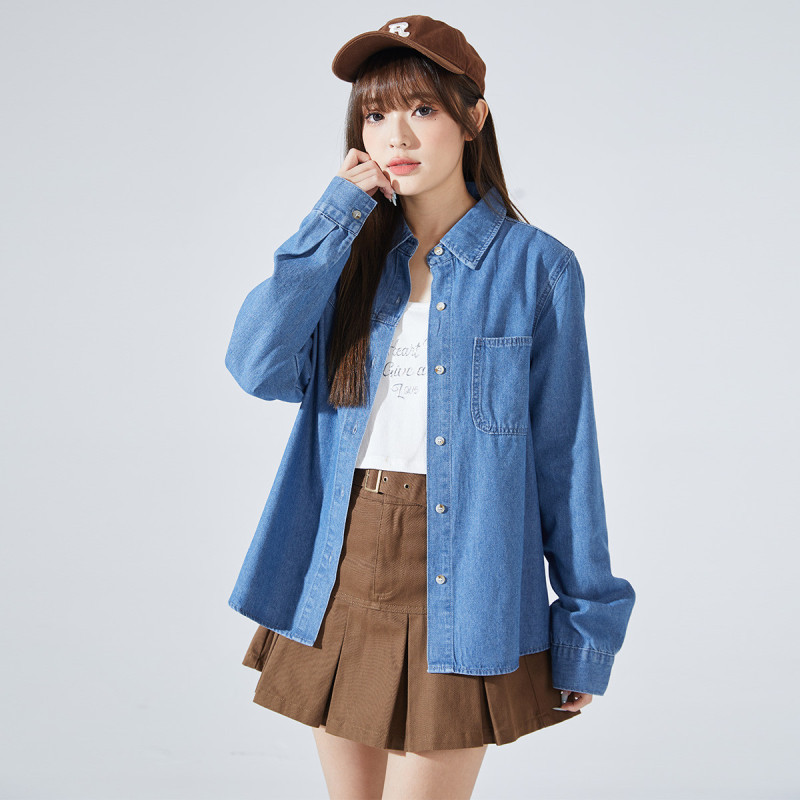 唐狮春季女翻领牛仔长袖衬衫减龄学院风时尚韩系百搭潮流