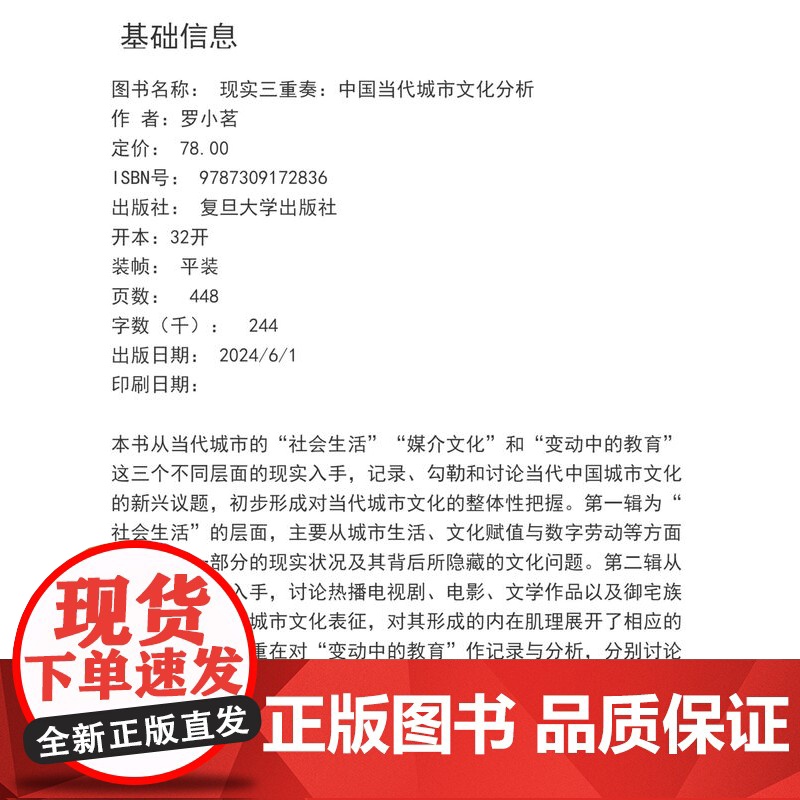 现实三重奏:中国当代城市文化分析 罗小茗著 复旦大学出版社 城乡文化文学关系研究文丛高清大图