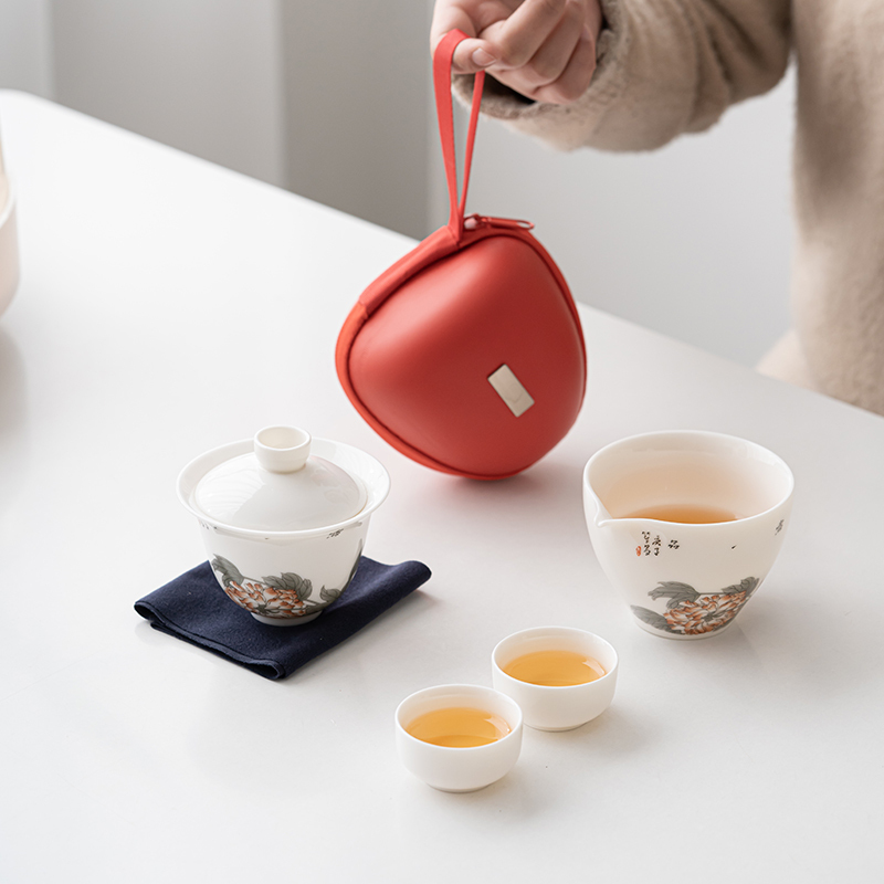 苏氏陶瓷(SUSHI CERAMICS)羊脂玉花开富贵快客杯旅行包便捷茶具