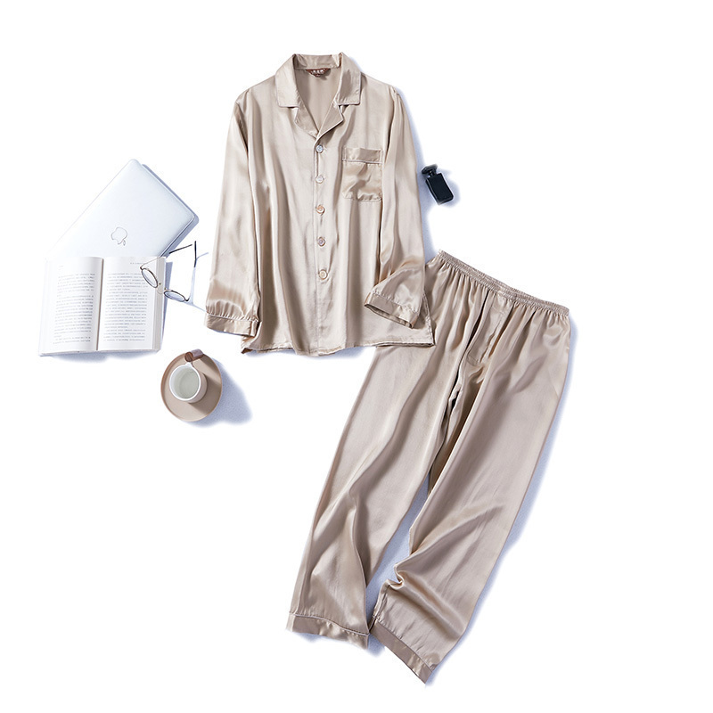 100男士重磅19姆米真丝睡衣套长袖套装桑蚕丝家居服两件 170(L)否 M402611香槟色