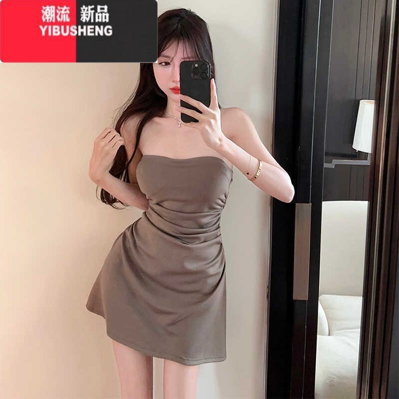 YIBUSHENG小个子纯欲风性感抹胸一字肩连衣裙女季设计感别致礼服蓬蓬裙子 卡其色 L