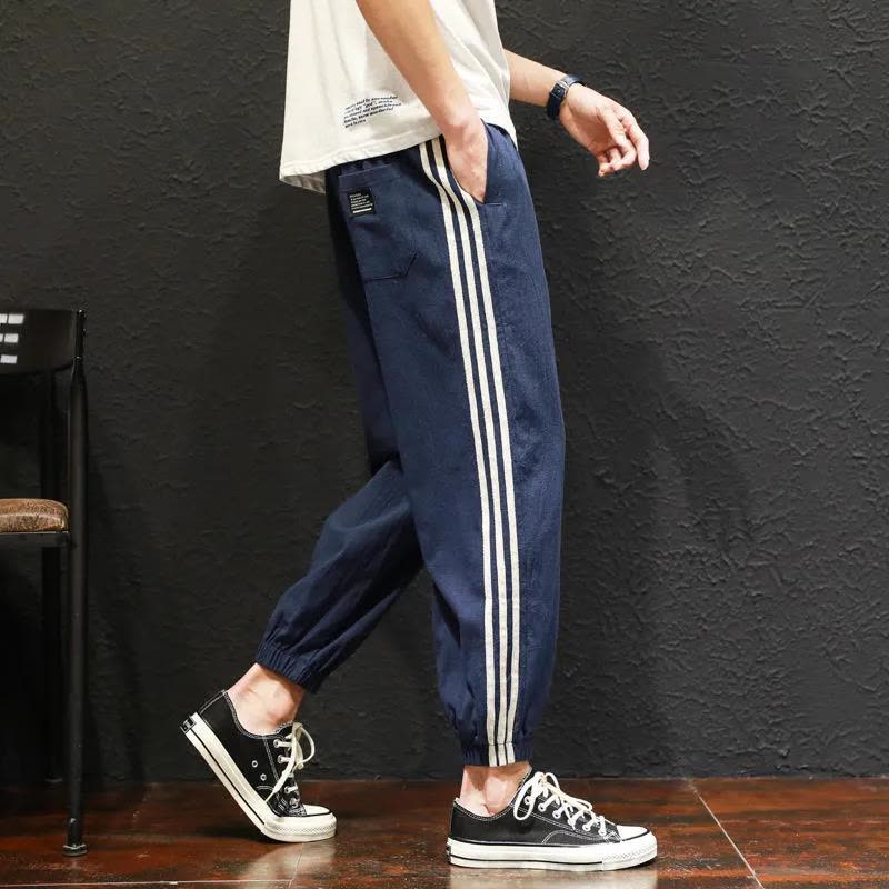 夏季休闲裤子男大码九分裤条纹日系宽松束脚裤运动亚麻潮流棉麻裤 莎丞图片