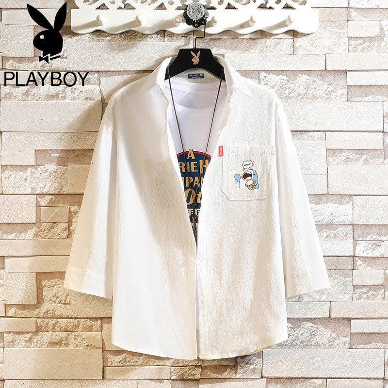 花花公子2022新款夏季七分袖衬衫男ins潮流休闲上衣韩版衬衣外套