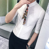 2018夏季年轻男士韩版花领带纯色五分袖中袖衬衫型师夜店男寸衣
