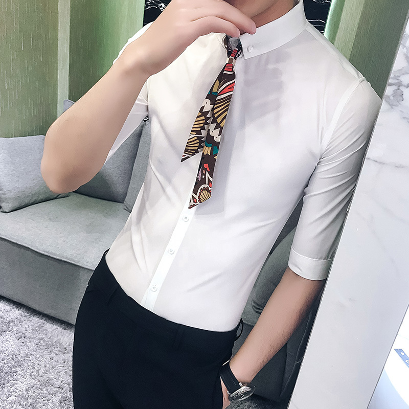 2018夏季年轻男士韩版花领带纯色五分袖中袖衬衫型师夜店男寸衣