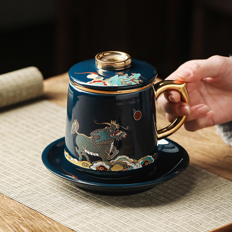 領藝 国潮风陶瓷茶水分离茶杯大容量办公室水杯带盖过滤马克杯