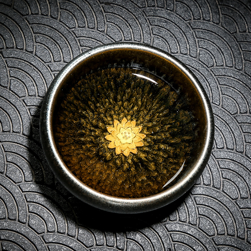 金镶玉 茶杯 建盏杯主人杯窑变盏陶瓷杯镶银雨滴盏品茗杯 银花盏
