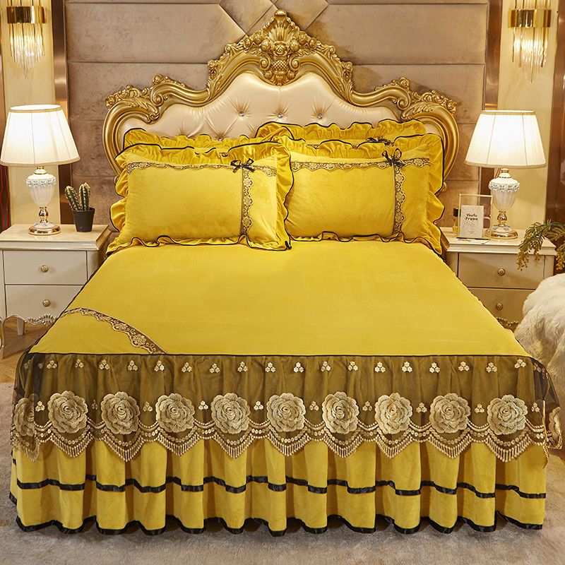 新款水晶绒床裙式床罩单件珊瑚蕾丝欧式防滑床群床单冬季床垫床套