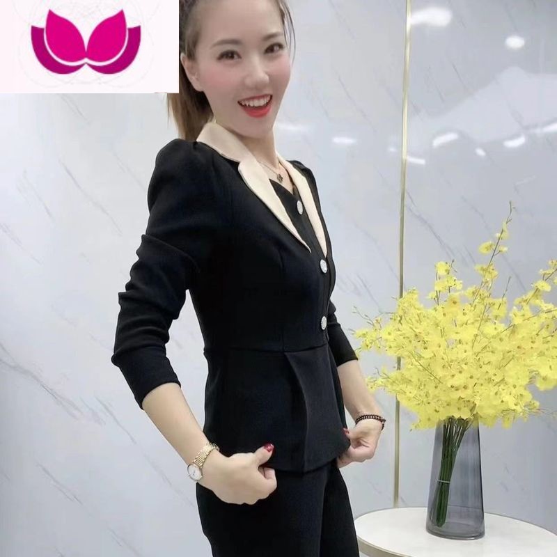 七斓2023春季新款洋气时尚微喇长裤套装遮肚显瘦休闲西装上衣套女高清大图