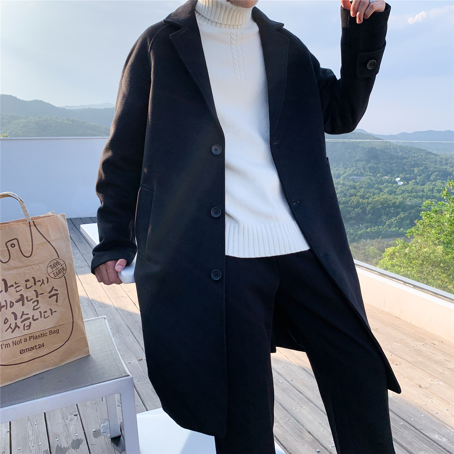 SUNTEK秋冬加棉加厚毛呢外套男韩版潮风衣男中长款英伦风过膝大衣男宽松风衣高清大图