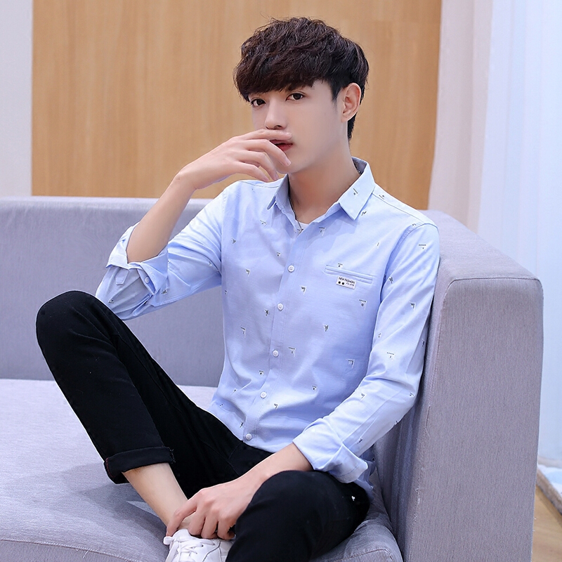衬衫男长袖韩版修身2018春季新薄款拼接衬衣服潮流休闲帅气青少年