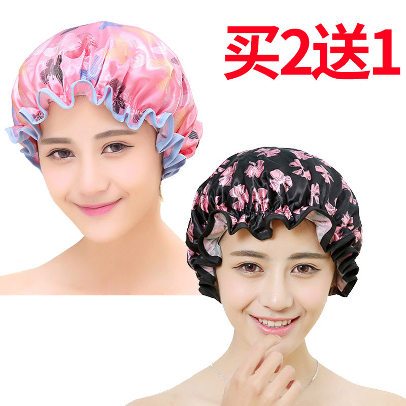买2送1浴帽防水成人女款淋浴洗澡浴帽双层洗头帽厨房女士防油烟帽 三维工匠 酒红底白点高清大图