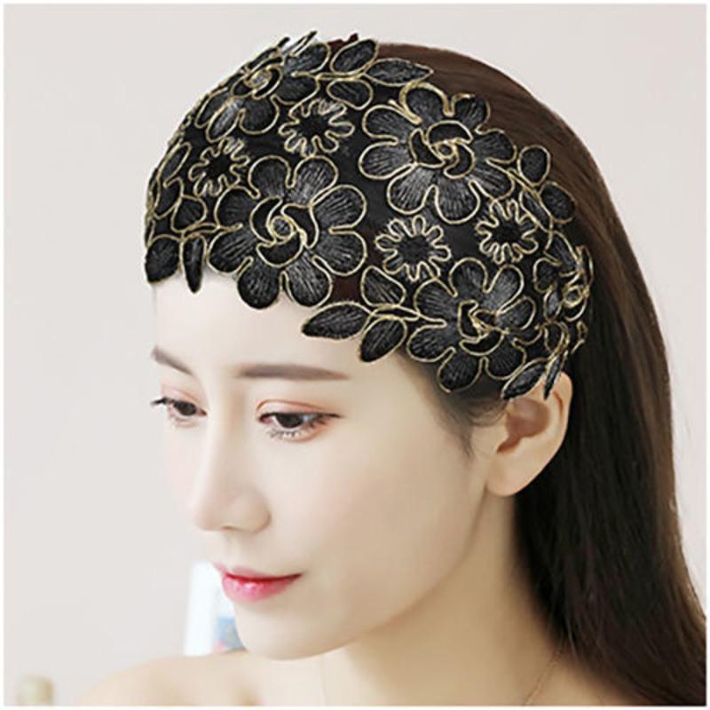 气质宽边花朵发箍遮白发刺绣带齿防滑压发碎发蕾丝发卡头饰迎春花黑色