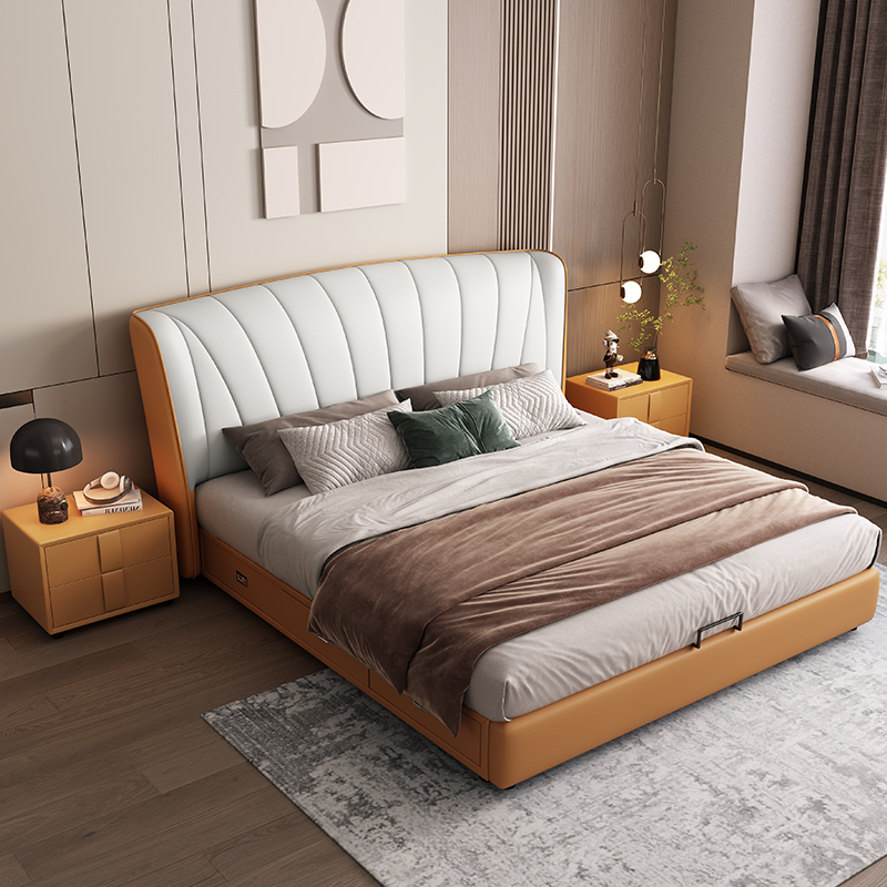 兰秀家居真皮床现代简约实木软体床主卧双人皮艺床意式轻奢小户型储物