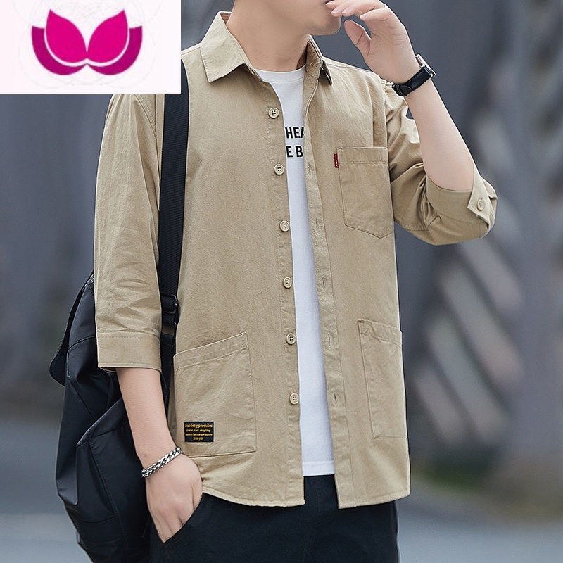 七斓新款工装衬衫男纯色短袖五分袖七分袖宽松多口袋商务休闲