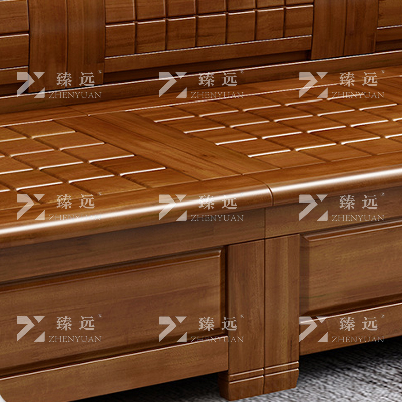 臻远 ZY4022937 香樟木实木沙发组合新中式冬夏两用沙发 四人位贵妃位含长茶几凳子高清大图