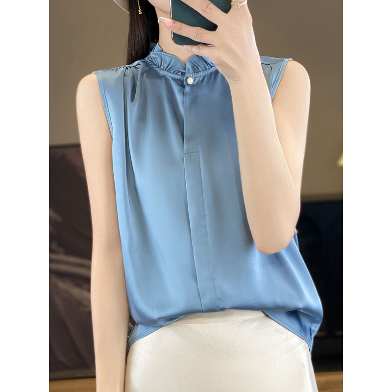 木耳花边领无袖纯色一扣背心丝滑缎面通勤显瘦春夏薄款气质衬衫女