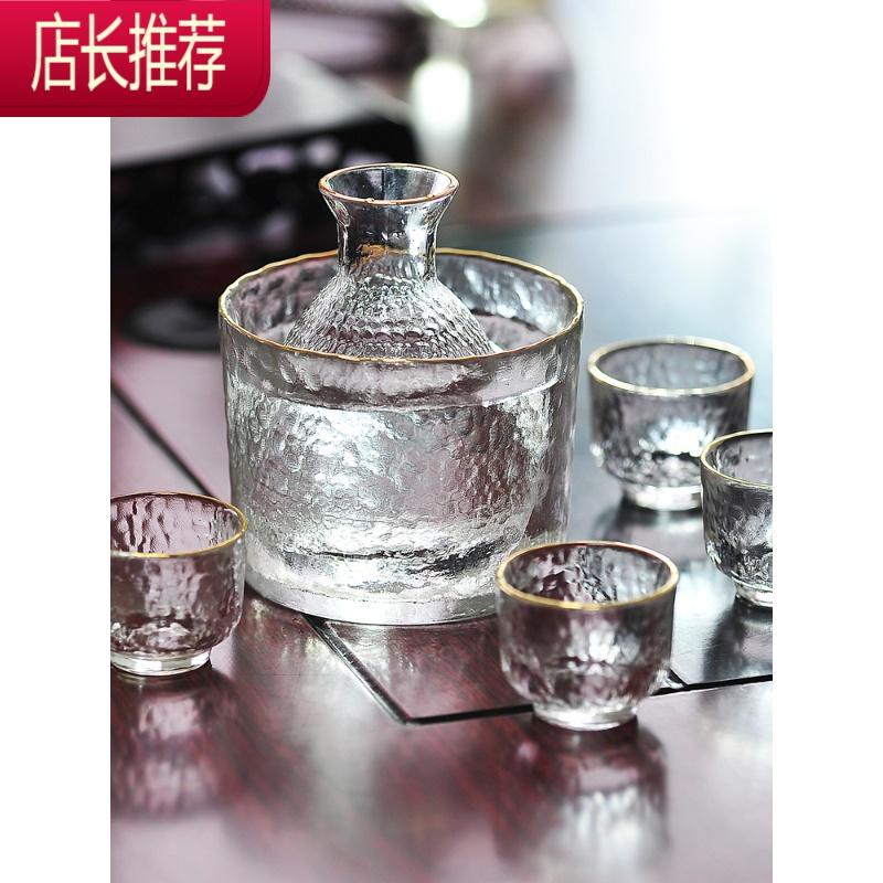 日式清酒壶套装玻璃黄酒温酒器烫酒壶家用一两白酒杯咖啡锤纹insJING PING 光边 清酒杯2只